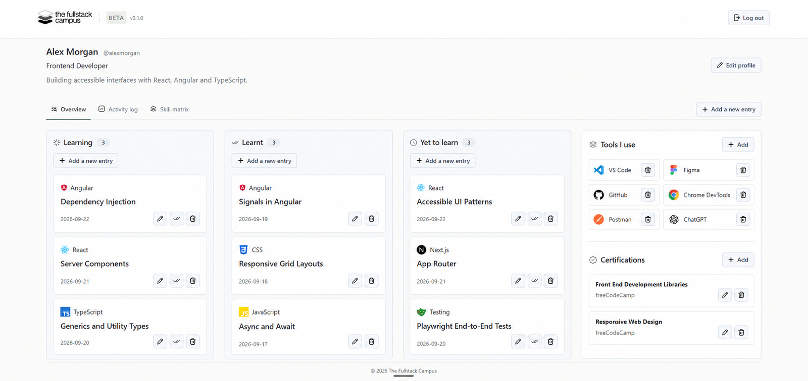 Developer dashboard showing learning entries, learnt topics, upcoming learning, and the coding log.